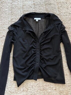 Black Long Sleeve Ruched Button-Front Top - Women